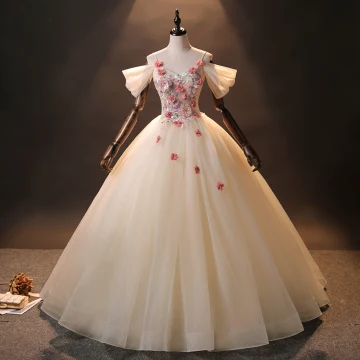 Charming Ball Gown Quinceañera Champagne Flower Prom Dresses 2024 Spaghetti Straps Floor Length Long Tulle Formal Dresses