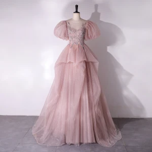 Chic Belle Rougissant Rose Perlage Paillettes Robe De Bal 2024 Princesse Encolure Dégagée Gonflée Manches Courtes Dos Nu Longue Promo Robe De Ceremonie