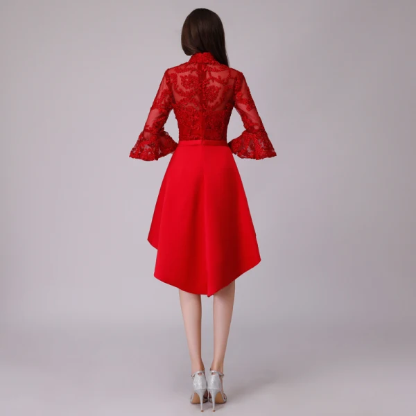 Chic / Belle de retour Kaki Robe De Graduation 2018 Princesse Noeud En Dentelle Asymétrique Col Haut 3/4 Manches Robe De Ceremonie