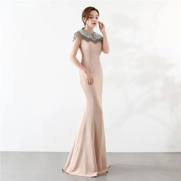 Élégant Champagne Robe De Soirée 2019 Trompette / Sirène Encolure Dégagée Perlage Perle Faux Diamant Sans Manches Longue Robe De Ceremonie