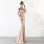Élégant Champagne Robe De Soirée 2019 Trompette / Sirène Encolure Dégagée Perlage Perle Faux Diamant Sans Manches Longue Robe De Ceremonie