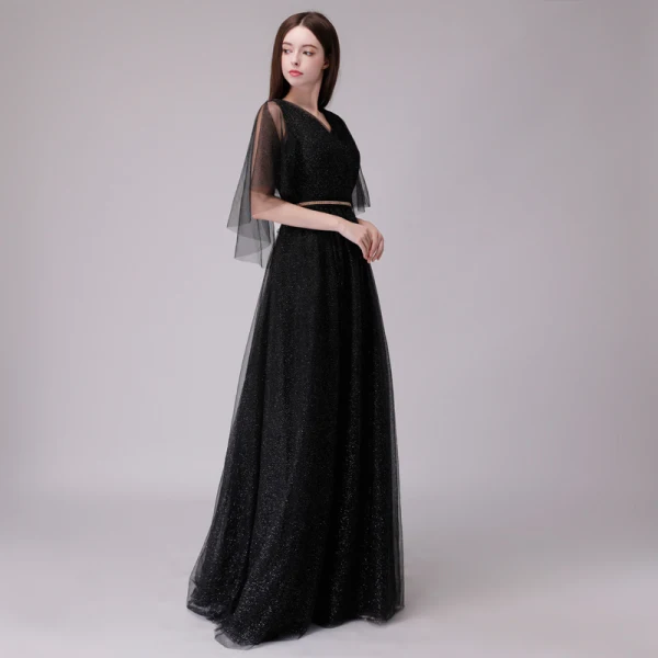 Chic / Belle Bleu Marine Robe De Soirée 2018 Princesse Glitter Métal Ceinture V-Cou Dos Nu 1/2 Manches Longue Robe De Ceremonie