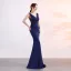 Chic / Belle Bleu Marine Robe De Soirée 2019 Trompette / Sirène V-Cou Perlage Cristal Sans Manches Dos Nu Longue Robe De Ceremonie