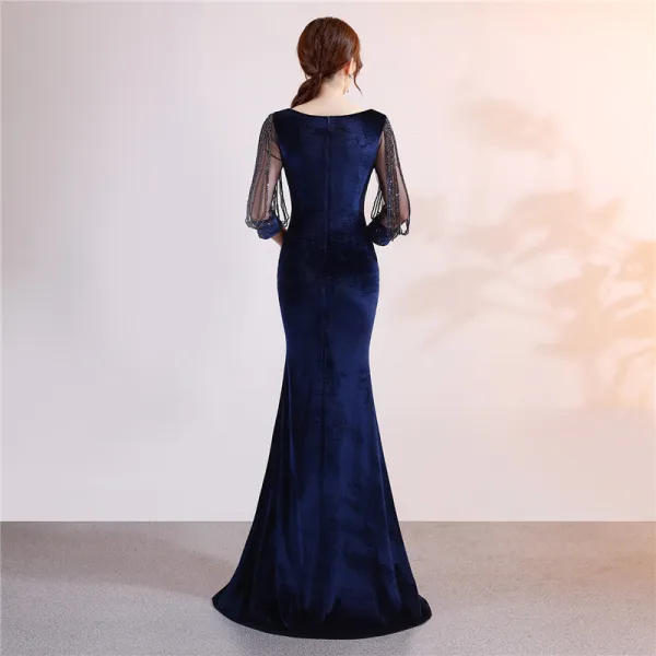 Chic Couleur Unie Bleu Marine Robe De Soirée 2019 Trompette / Sirène Daim V-Cou Perlage Gland 3/4 Manches Longue Robe De Ceremonie