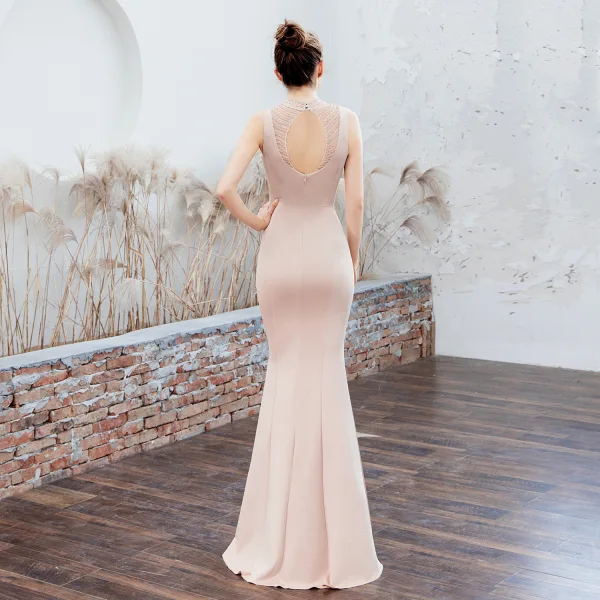 Chic / Beautiful Dark Green Evening Dresses 2019 Trumpet / Mermaid High Neck Beading Sleeveless Backless Floor-Length / Long Formal Dresses