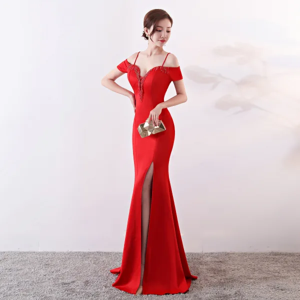 Chic / Belle Couleur Unie Ivoire Robe De Soirée 2019 Trompette / Sirène Bretelles Spaghetti Perlage Gland Sans Manches Dos Nu Fendue devant Longue Robe De Ceremonie
