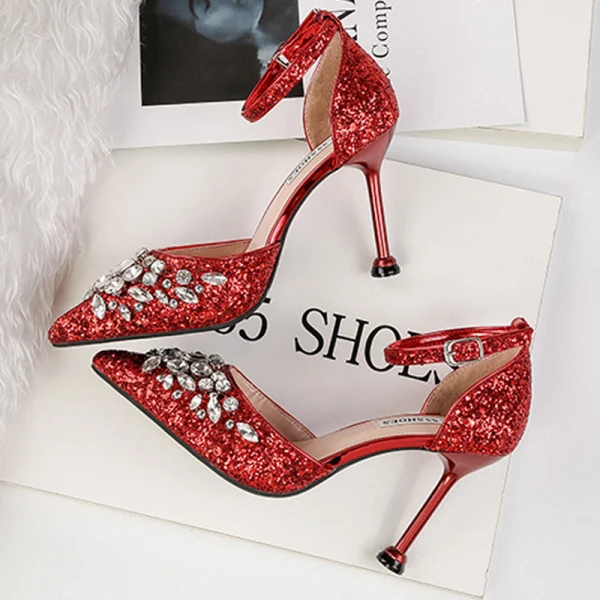 Glitzernden Gold Brautschuhe 2019 Knöchelriemen Strass Pailletten 9 cm Stilettos Spitzschuh Hochzeit High Heels