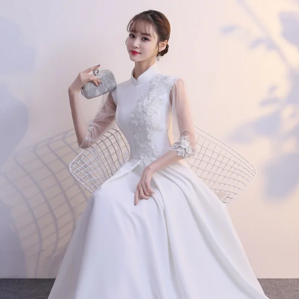 Classy Burgundy Evening Dresses 2019 A-Line / Princess High Neck Bow Lace Flower 1/2 Sleeves Floor-Length / Long Formal Dresses