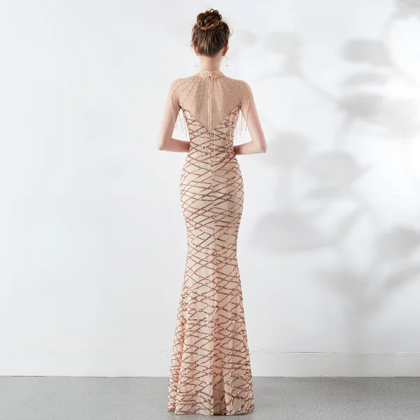 Classy Burgundy Evening Dresses 2019 Trumpet / Mermaid Scoop Neck Beading Tassel Sequins Short Sleeve Floor-Length / Long Formal Dresses