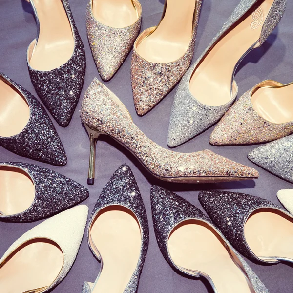 Charming Silver Wedding Shoes 2019 Sequins 7 cm Stiletto Heels Pointed Toe Wedding High Heels