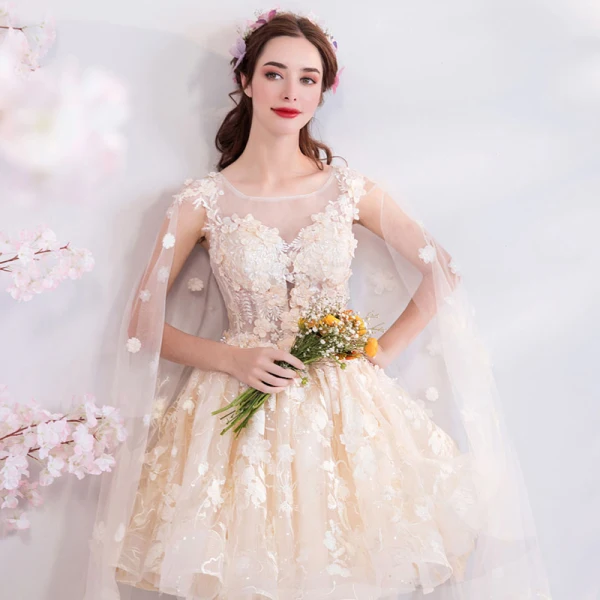 Mode Champagne Bröllopsklänningar 2018 Balklänning Spets Broderade Appliqués Pärla Urringning Ärmlös Watteau Train Bröllop