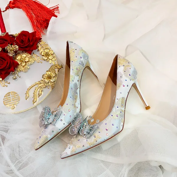 Charming Silver Lace Butterfly Wedding Shoes 2021 Leather Rhinestone 9 cm Stiletto Heels Pointed Toe Wedding Pumps High Heels