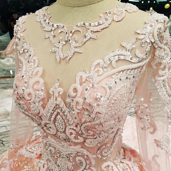 Lyx Pärla Rosa Bröllopsklänningar 2018 Balklänning Spets Blomma Appliqués Beading Rhinestone Urringning Långärmad Cathedral Train Bröllop
