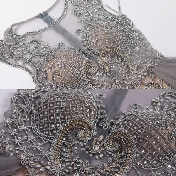 Luxury / Gorgeous Champagne Grey Handmade  Beading Evening Dresses  2020 A-Line / Princess Scoop Neck Crystal Pearl Rhinestone Sleeveless Floor-Length / Long Formal Dresses
