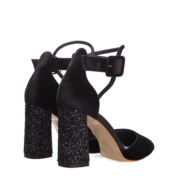 Charmant Bordeaux Soirée Sandales Femme 2019 Paillettes Daim Bride Cheville 8 cm Talons Épais À Bout Pointu Sandales