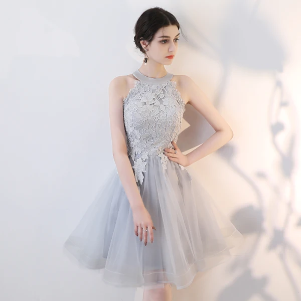 Chic / Beautiful Champagne Homecoming Graduation Dresses 2018 Ball Gown Appliques Lace Scoop Neck Strapless Sleeveless Short Formal Dresses