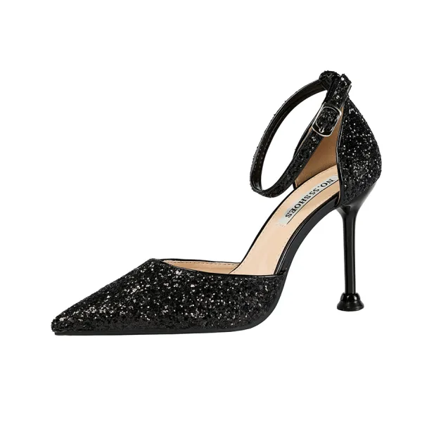 Charming Rose Gold Evening Party Womens Shoes 2020 Ankle Strap Sequins 9 cm Stiletto Heels Pointed Toe High Heels