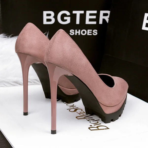 Stilig Kaki Kontors Pumps 2019 Mocka 12 cm Stilettklackar Spetsiga Pumps