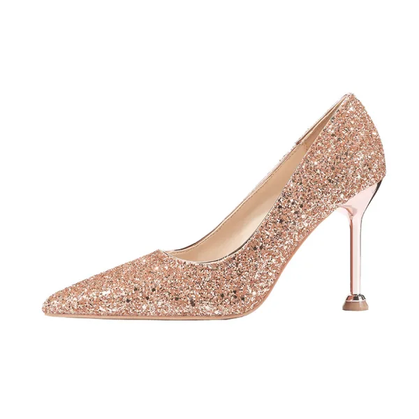 Scintillantes Or Rose Soirée Escarpins 2020 Paillettes 9 cm Talons Aiguilles À Bout Pointu Escarpins