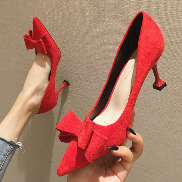 Simple Noire Désinvolte Escarpins 2020 Daim Noeud 7 cm Talons Aiguilles À Bout Pointu Escarpins
