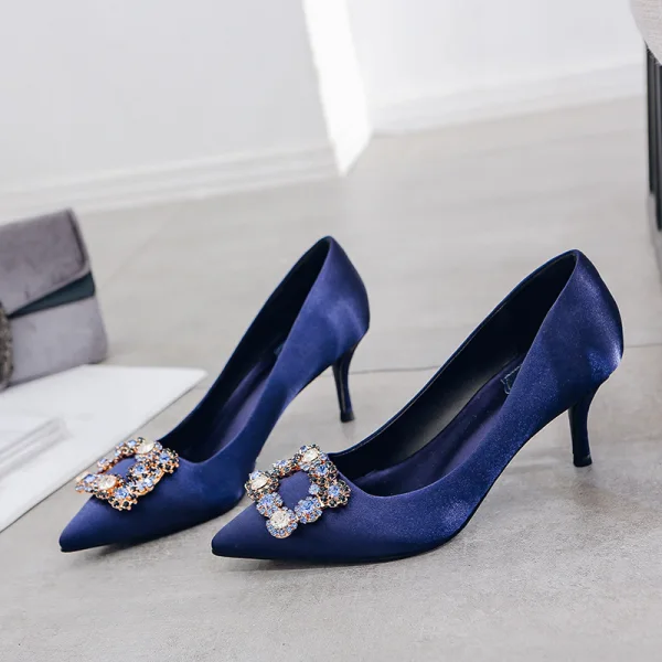 Fashion Ocean Blue Evening Party Pumps 2020 Satin Rhinestone 9 cm Stiletto Heels Pointed Toe Pumps