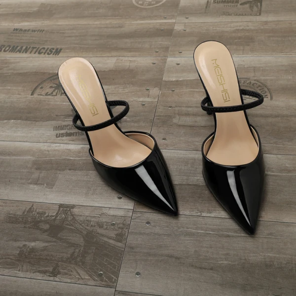 Modest / Simple Black Casual Womens Sandals 2020 Patent Leather 10 cm Stiletto Heels Pointed Toe Sandals