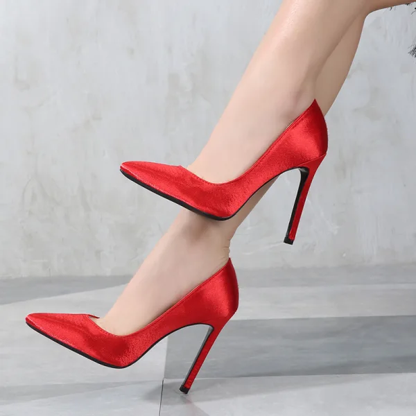 Enkla Röd Kontors Pumps 2020 Satin 11 cm Stilettklackar Spetsiga Pumps