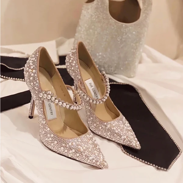 Charmant Silber Abend Perle Strass Pumps 2021 Leder 8 cm Stilettos Spitzschuh Pumps Hochhackige