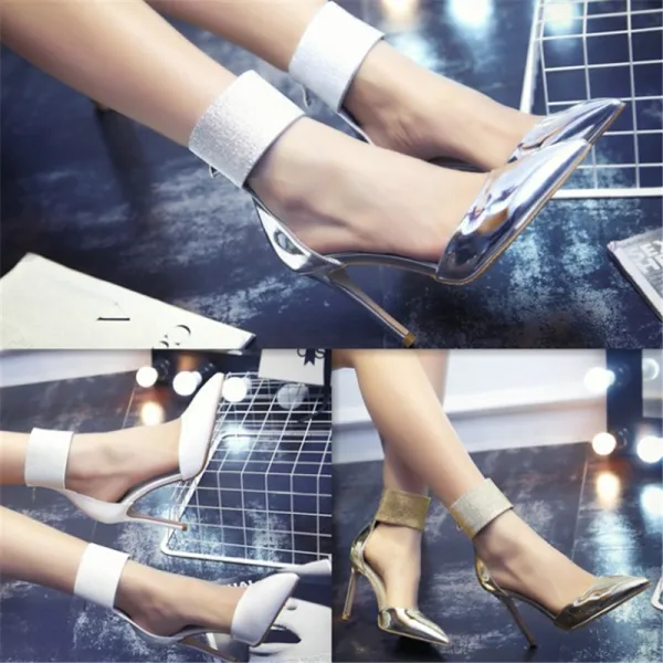 Schöne Gold Abend Damenschuhe 2020 Leder 10 cm Stilettos Spitzschuh Hochhackige