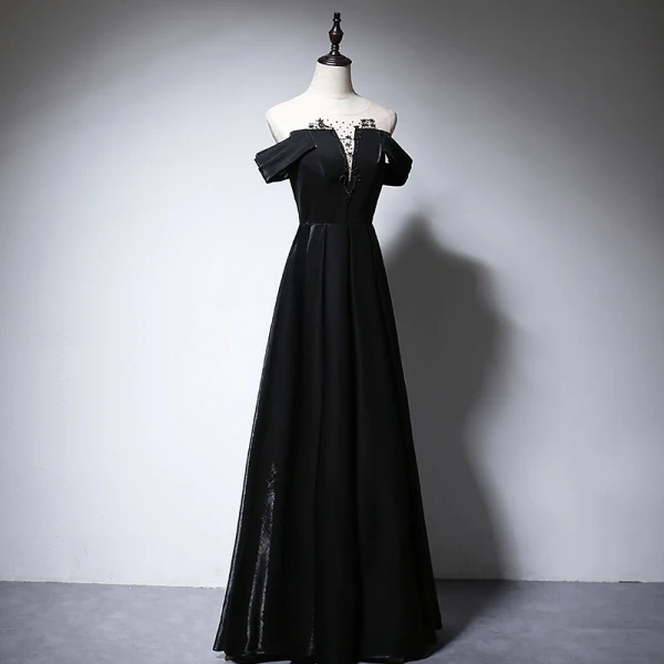 Elegant Black Evening Dresses 2020 A-Line / Princess Scoop Neck Beading Short Sleeve Backless Floor-Length / Long Formal Dresses