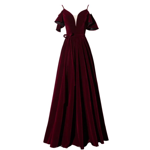 Modest / Simple Burgundy Evening Dresses  2020 A-Line / Princess Spaghetti Straps Suede Bow Short Sleeve Backless Floor-Length / Long Formal Dresses