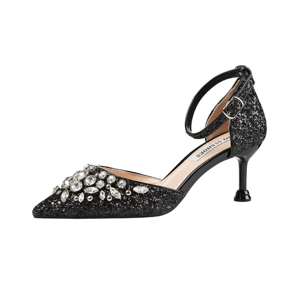 Błyszczące Srebrny Cekiny Wieczorowe Wysokie Obcasy 2020 Rhinestone 6 cm Szpilki Szpiczaste Buty Damskie
