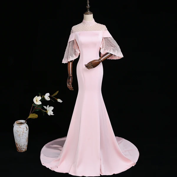 Vintage / Originale Rose Bonbon Transparentes Robe De Soirée 2018 Trompette / Sirène Col Haut 3/4 Manches Perlage Tribunal Train Volants Dos Nu Robe De Ceremonie