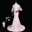 Vintage / Originale Rose Bonbon Transparentes Robe De Soirée 2018 Trompette / Sirène Col Haut 3/4 Manches Perlage Tribunal Train Volants Dos Nu Robe De Ceremonie