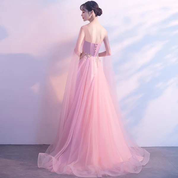 Elegante Candy Roze Doorzichtige Avondjurken 2018 A lijn Ronde Hals Mouwloos Appliques Kant Kralen Watteau Train Ruche Ruglooze Gelegenheid Jurken
