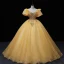 Elegant Champagne Beading Pearl Sequins Prom Dresses 2022 Ball Gown Scoop Neck Short Sleeve Backless Floor-Length / Long Formal Dresses
