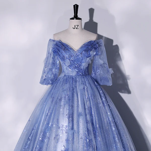 Chic / Beautiful Ocean Blue Appliques Sequins Prom Dresses 2022 Ball Gown Off-The-Shoulder Short Sleeve Backless Floor-Length / Long Formal Dresses