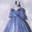 Chic / Beautiful Ocean Blue Appliques Sequins Prom Dresses 2022 Ball Gown Off-The-Shoulder Short Sleeve Backless Floor-Length / Long Formal Dresses