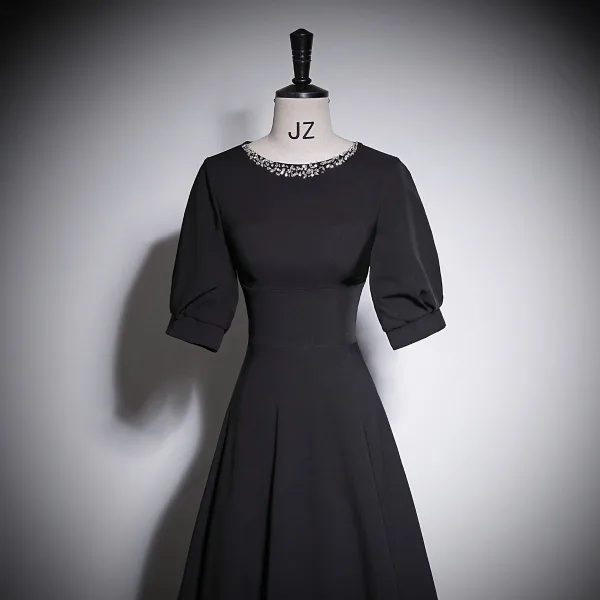 Elegant Black Rhinestone Prom Dresses 2023 A-Line / Princess Scoop Neck Short Sleeve Floor-Length / Long Prom Formal Dresses