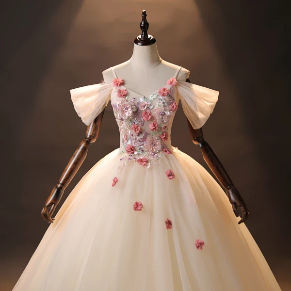 Charming Ball Gown Quinceañera Champagne Flower Prom Dresses 2024 Spaghetti Straps Floor-Length / Long Tulle Formal Dresses