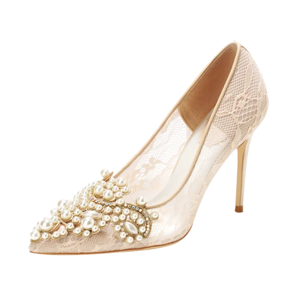 Charming Ivory Lace Wedding Shoes 2020 Leather Pearl Rhinestone 10 cm Stiletto Heels Pointed Toe Wedding Pumps