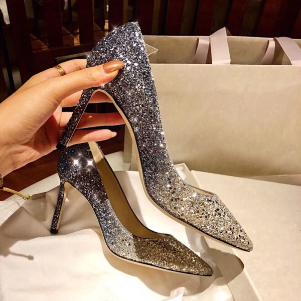 Scintillantes Doré Cuir Chaussure De Mariée 2020 Paillettes 9 cm Talons Aiguilles À Bout Pointu Escarpins