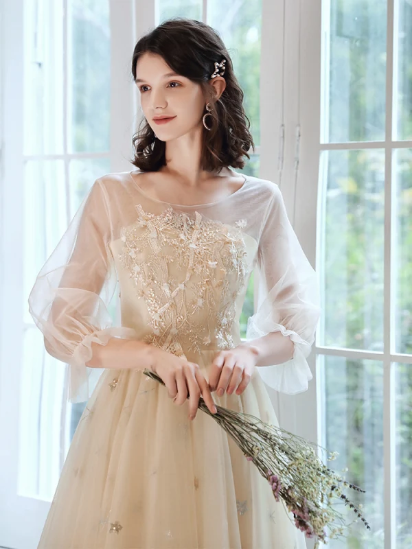 Chic / Beautiful Champagne Bridesmaid Dresses 2021 A-Line / Princess Scoop Neck Lace Flower Appliques Rhinestone Short Sleeve Backless Tea-length Wedding Party Dresses