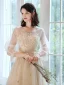 Chic / Beautiful Champagne Bridesmaid Dresses 2021 A-Line / Princess Scoop Neck Lace Flower Appliques Rhinestone Short Sleeve Backless Tea-length Wedding Party Dresses