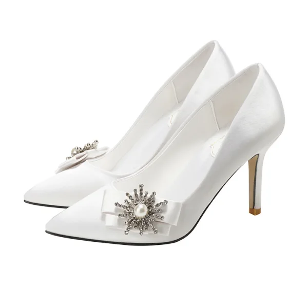 Elegancka Kość Słoniowa Buty Ślubne 2020 Satyna Perła Rhinestone Kokarda 9 cm Szpilki Szpiczaste Ślub Czółenka