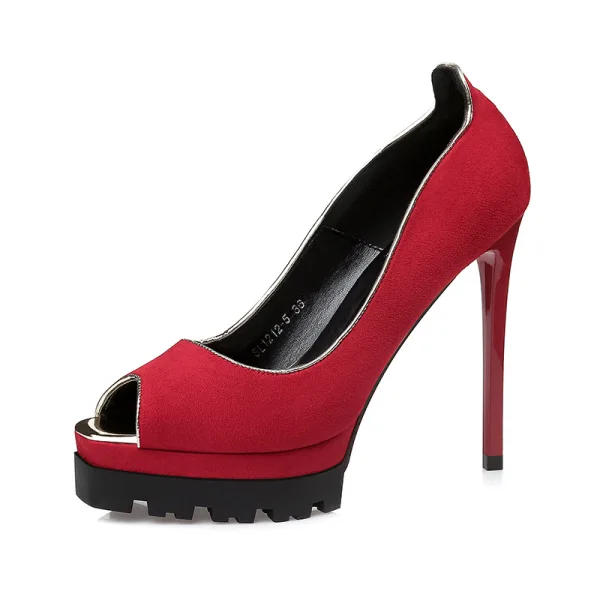 Modest / Simple Red Street Wear Suede Womens Shoes 2020 12 cm Stiletto Heels Open / Peep Toe High Heels