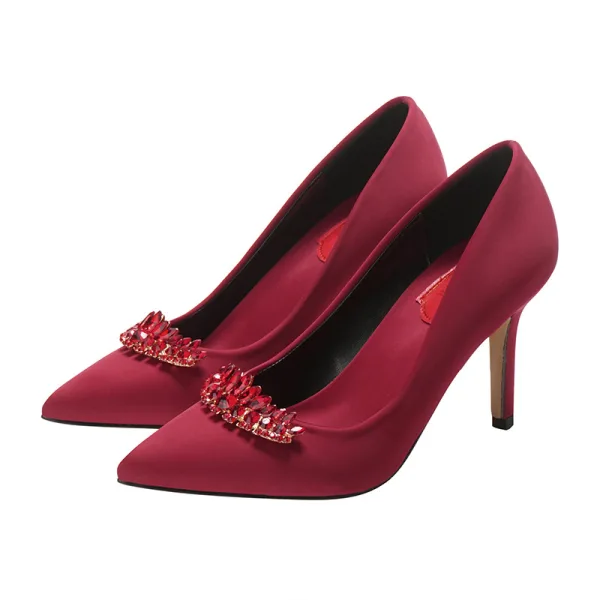 Mode Ivoire Faux Diamant Chaussure De Mariée 2020 Satin 9 cm Talons Aiguilles À Bout Pointu Mariage Escarpins