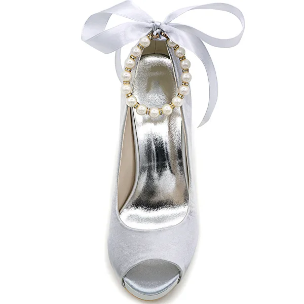 Edles Champagner Abend Satin Pumps 2020 Schleife Perle Knöchelriemen 11 cm Stilettos Peeptoes Pumps
