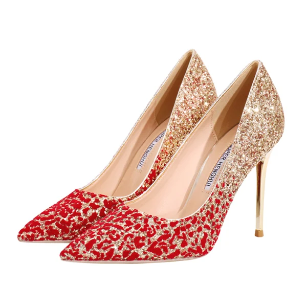 Glitzernden Charmant Gold Rot Farbverlauf Brautschuhe 2020 Glanz Pailletten 10 cm Stilettos Spitzschuh Hochzeit Pumps