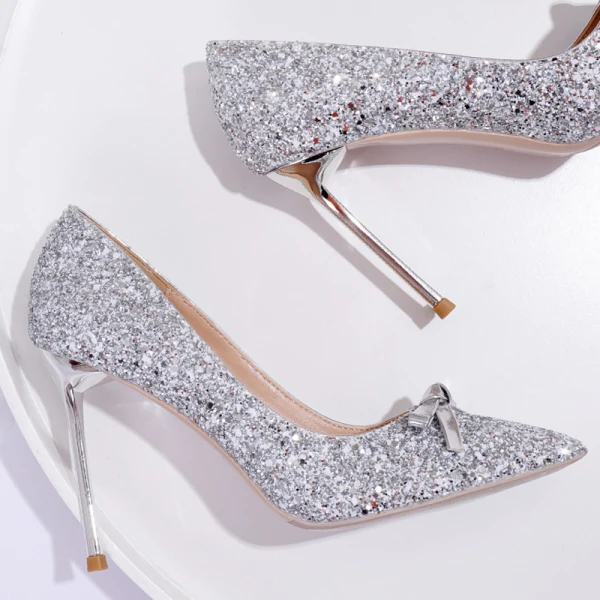 Błyszczące Szampan Buty Ślubne 2020 Kokarda Cekiny 10 cm Szpilki Szpiczaste Ślub Czółenka